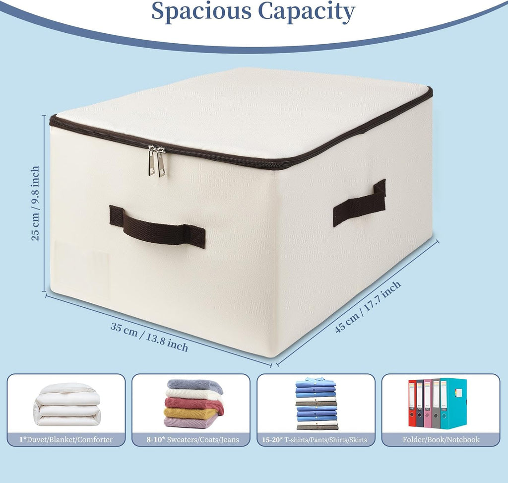 AMJ Fabric Storage Bin with Lid – Foldable for Clothes, Blankets – Beige Storage Box – Wardrobe-Optimized & Breathable (Set of 3)