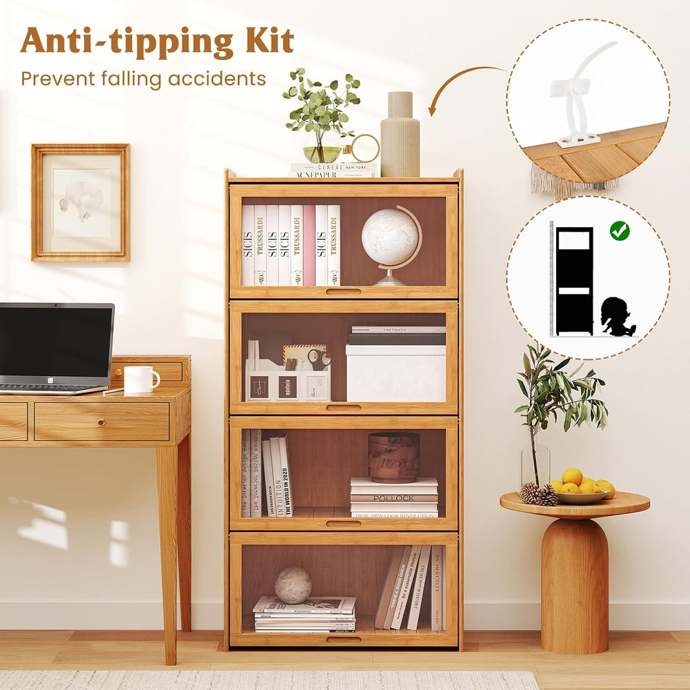Giantex 4-Tier Bookcase with Clear Doors, 55" Bamboo Bookshelf with Flip...