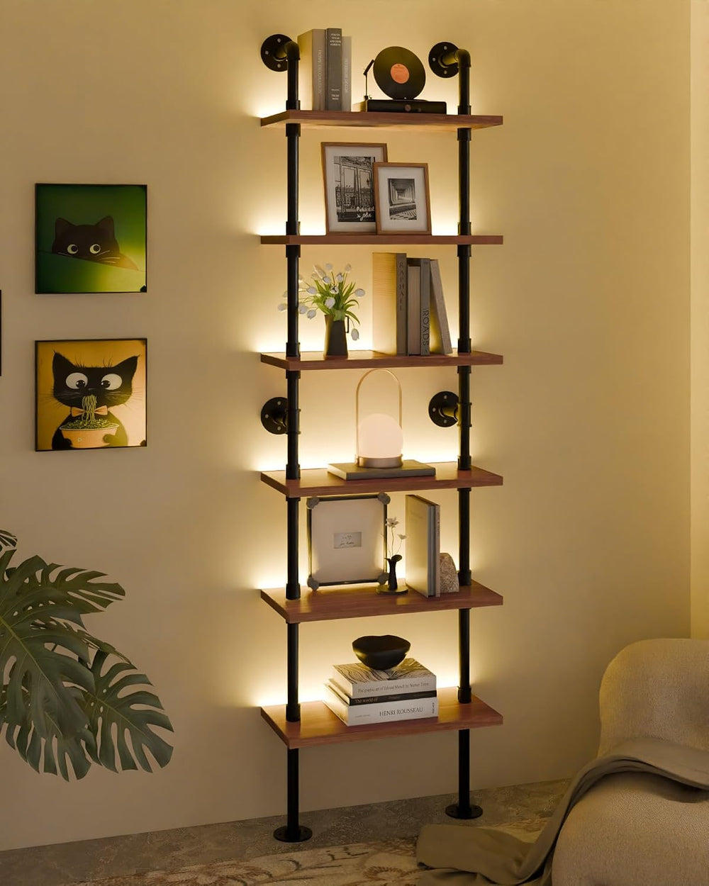 6-Tier LED Ladder Shelf, Wall Mounted Pipe Bookshelf, Walnut Brown 24 Inch