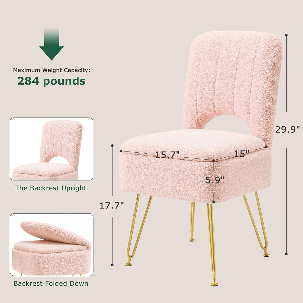 VECELO Pink Vanity Stool Chair with Storage and Folding Back, 15.75" x 1...