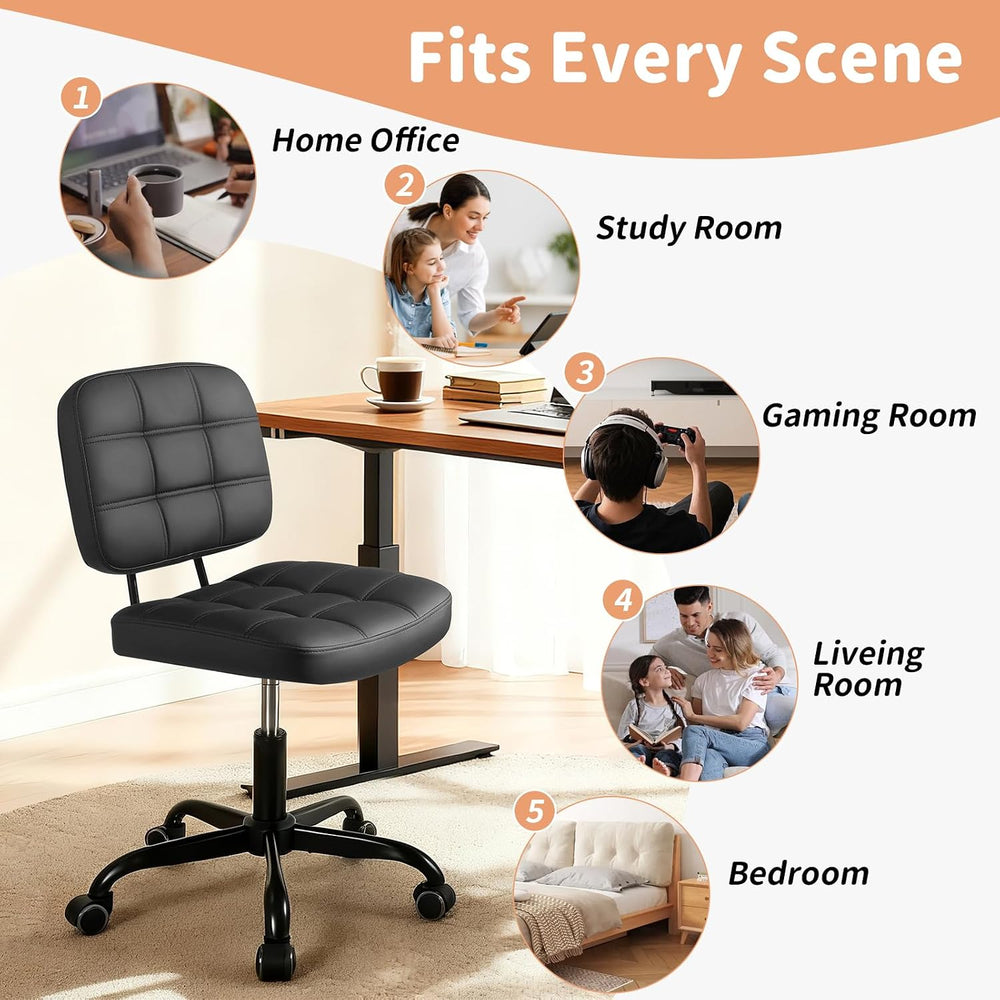 Armless Office Desk Chair, Small Drafting Desk Chairs with Wheels - Black