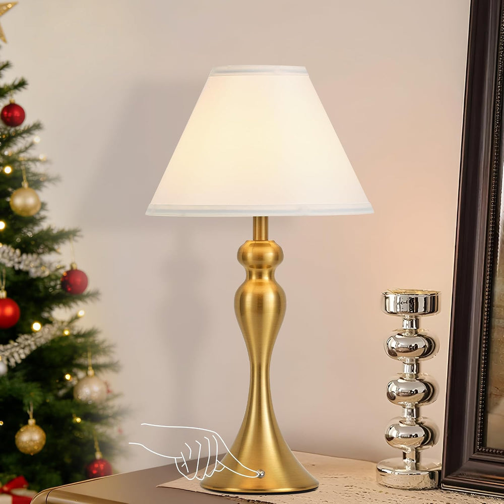 Cordless Table Lamp Rechargeable, Battery Night Light Fabric Shade, Brass
