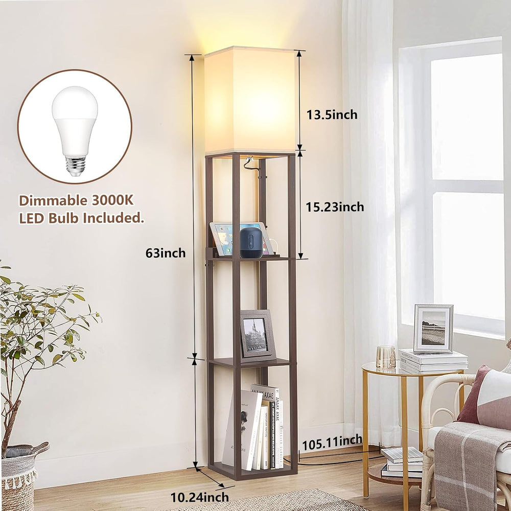 FOLKSMATE Floor Lamp with Shelves Touch Control Charging USB Type C Brown