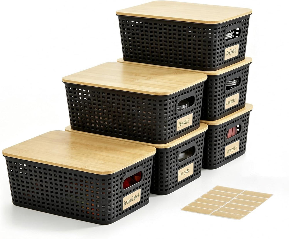 Bagnizer Small Plastic Storage Bins with Bamboo Lids 5.2qt Stackable Box Bask...