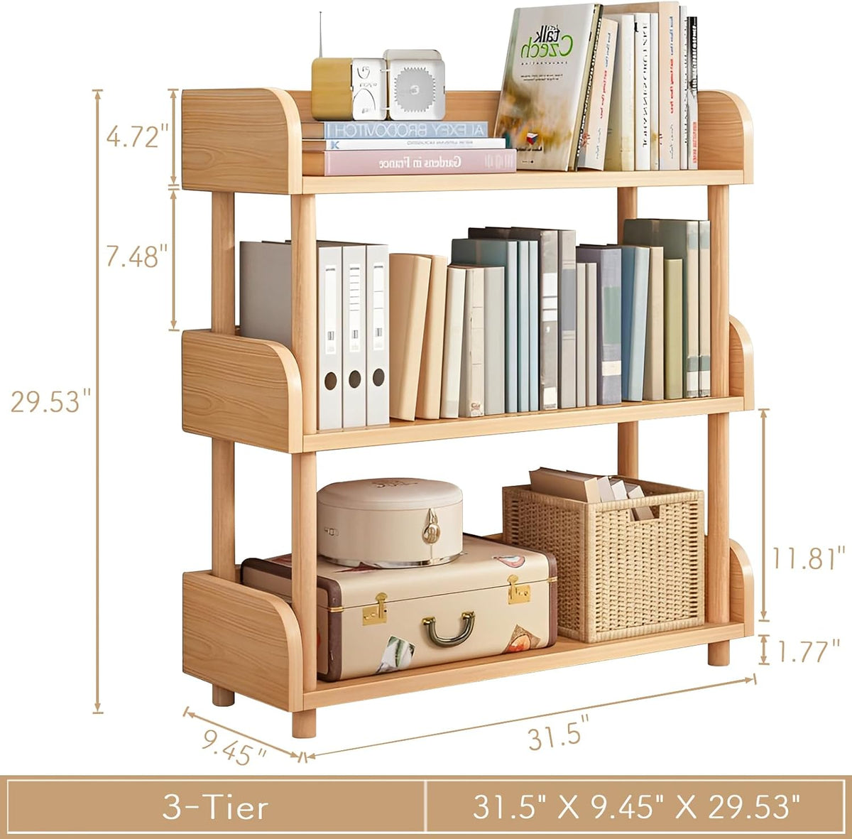 oschf 3-tier wooden open bookcase, oak shown in use