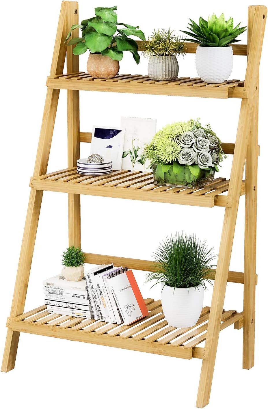 Foldable Ladder Shelf 39.4", Plant Shelf 3 Tier, Bamboo Ladder Bookshelf