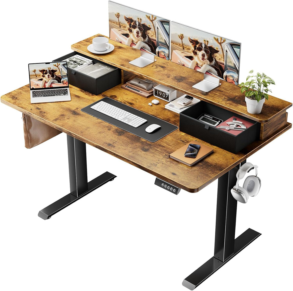 Veken 47x28 in Electric Standing Desk with Drawers, Adjustable Table, Brown