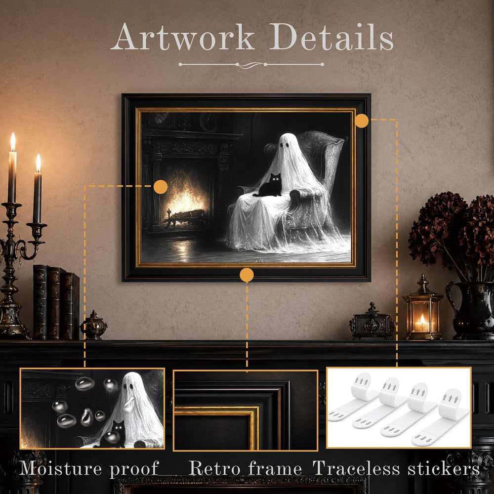 Ghost and Black Cat Framed Canvas Art, Gothic Halloween Wall Decor