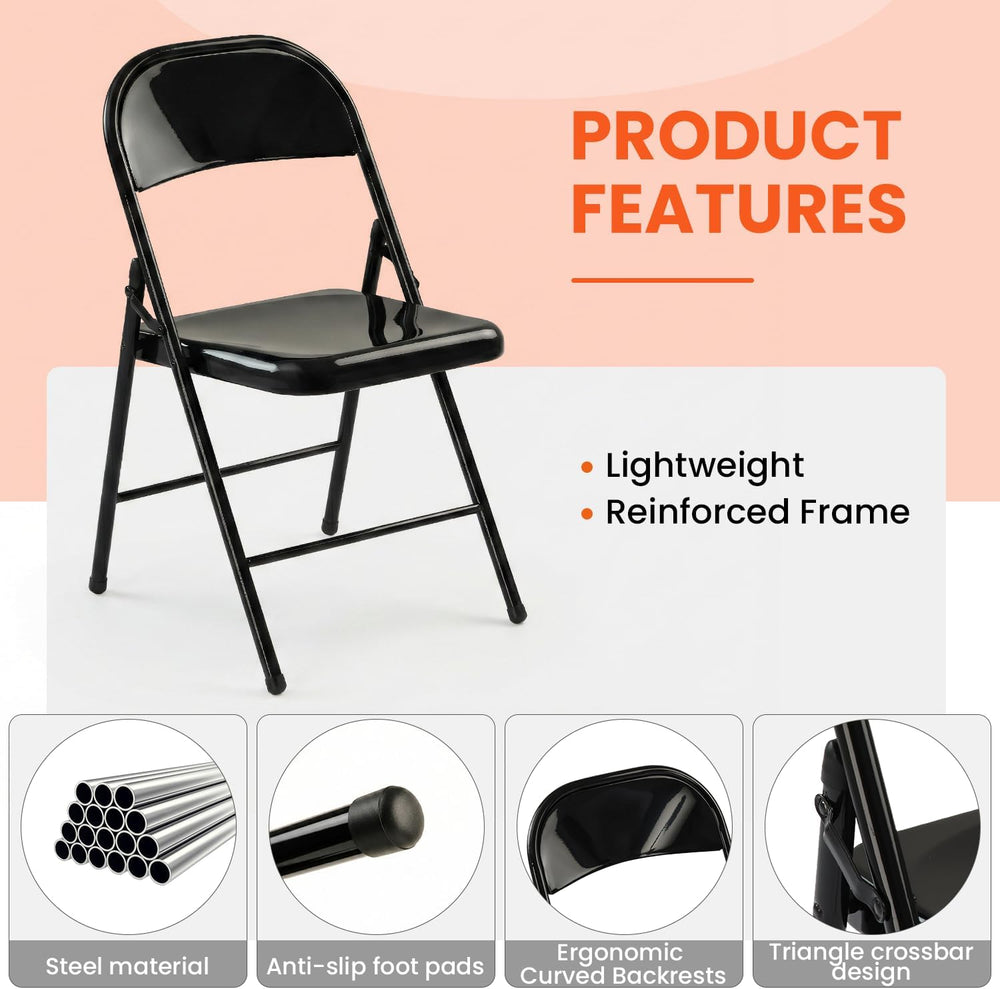 10 Pack Black Metal Folding Chairs, All-Steel Foldable Chairs