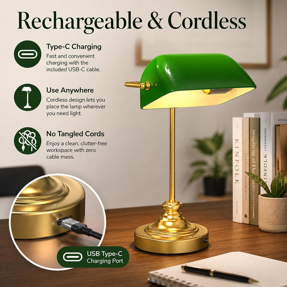 MOKOQI Cordless Bankers Lamp Rechargeable Green Glass Desk Lamp