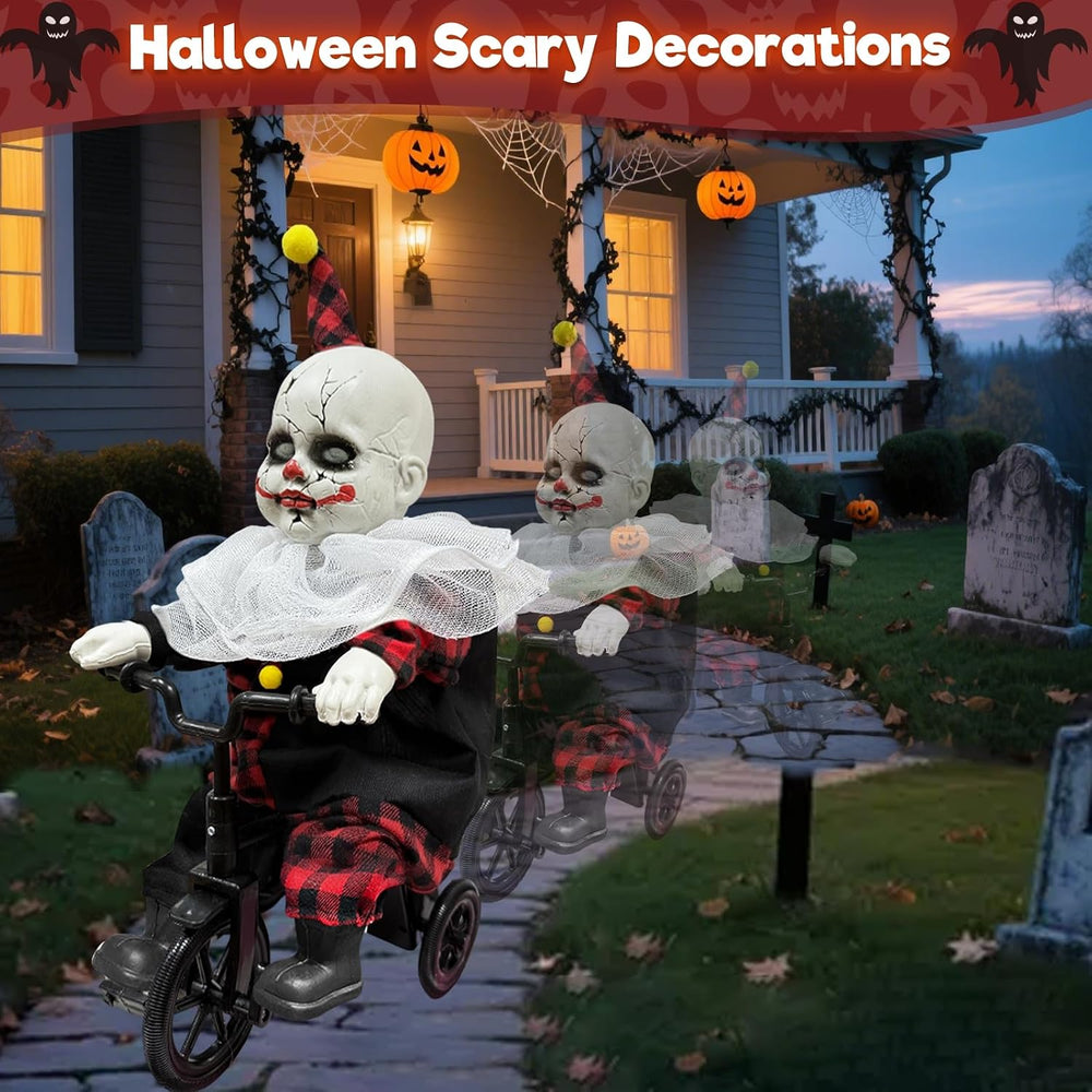 Halloween Animatronic 15.5” Clown Ride on Bicycle Moving Back and Forth