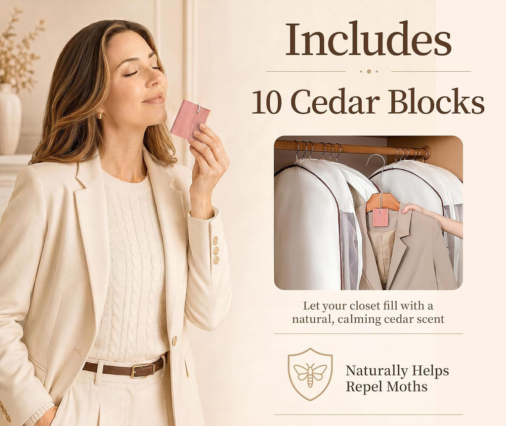 41" Cotton Garment Bags for Hanging Clothes, 2 Pack Breathable Suit Bags for Closet Storage, 10" Wide Gusseted & Clear Window, for Suits, Short Dresses, Sweaters, with Cedar Blocks