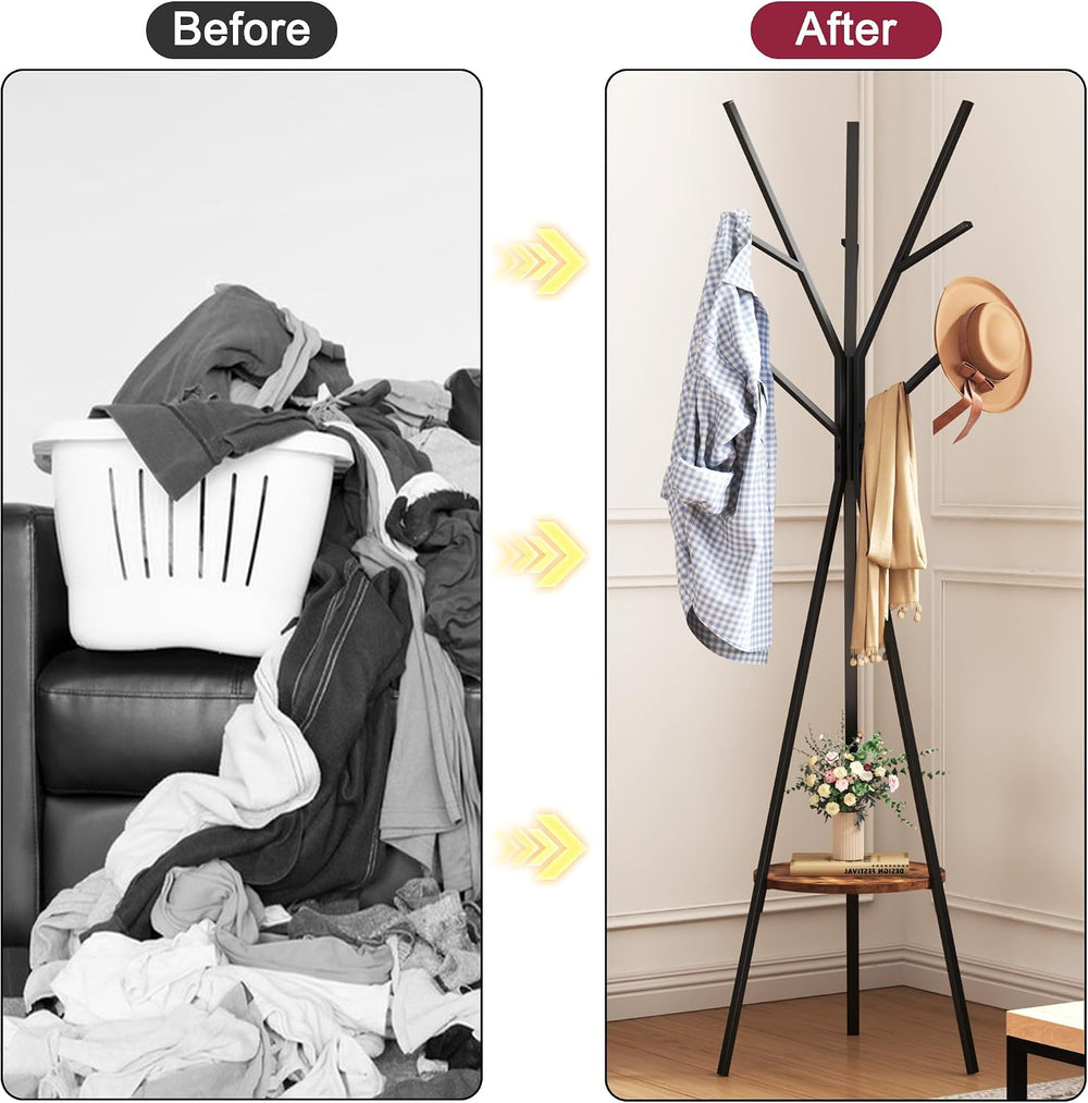HOME BI Coat Rack Frestanding,Coat Hanger Stand with Shelves,9 Hooks