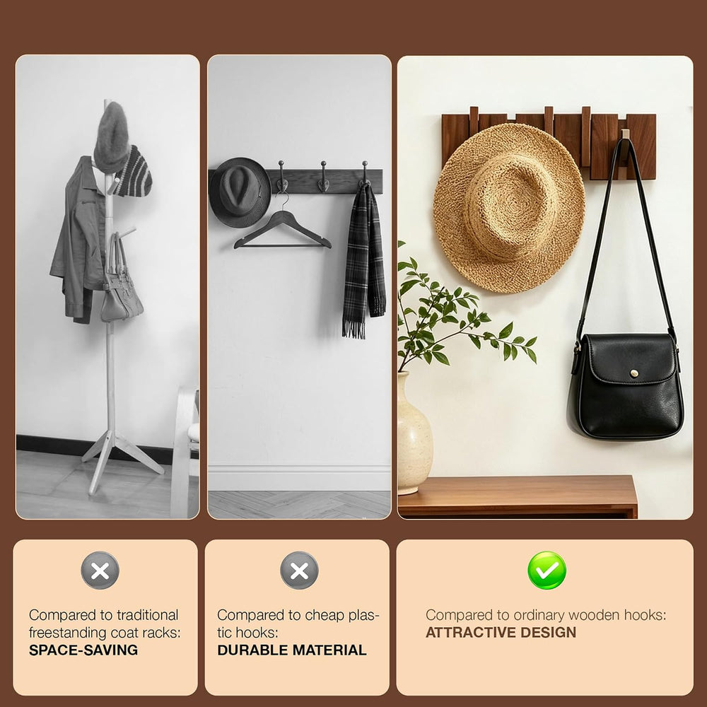 Coat Rack Wall Mount, Walnut 5 Flip-Down Picket Hanger Hooks for Entryway