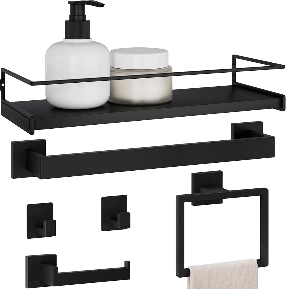 Black Bathroom Hardware Set, 5-Piece + 15.7" Shelf & 2 Adhesive Robe...