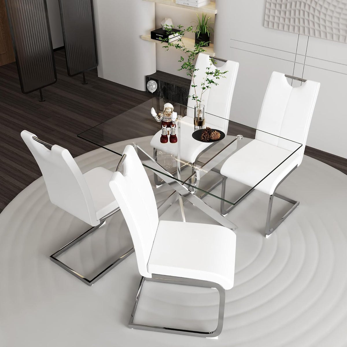 5 Piece Dining Table Set for 4, Modern Tempered Glass Kitchen Table with 4 Upholstered Chairs and Faux Leather Cushions, Space-Saving Small Apartment Dining Kitchen Room Set