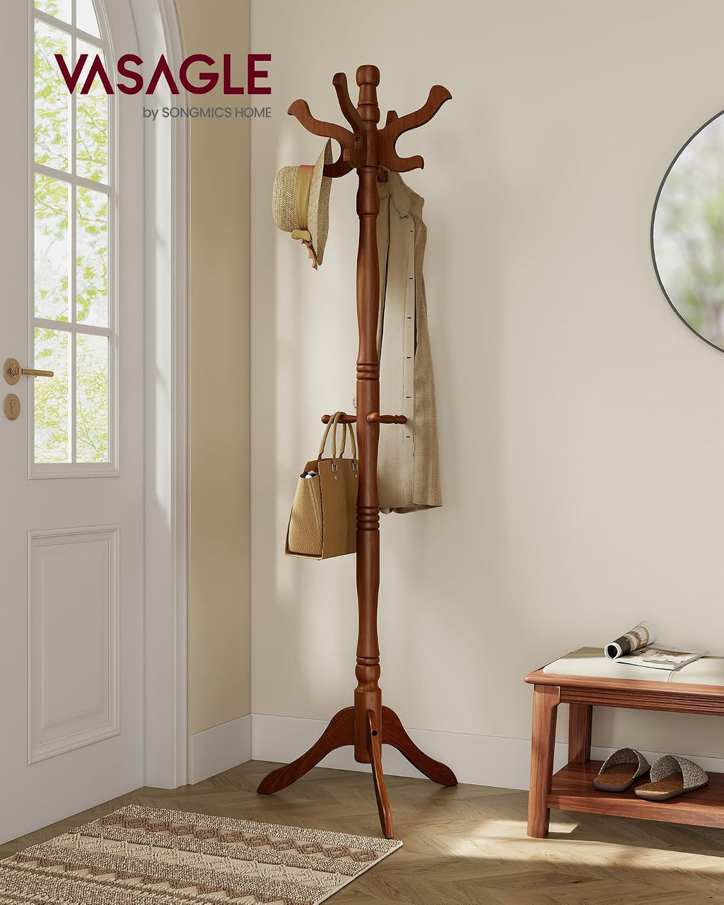VASAGLE Freestanding Coat Rack, Rubber Wood Coat Tree with 11 Hooks