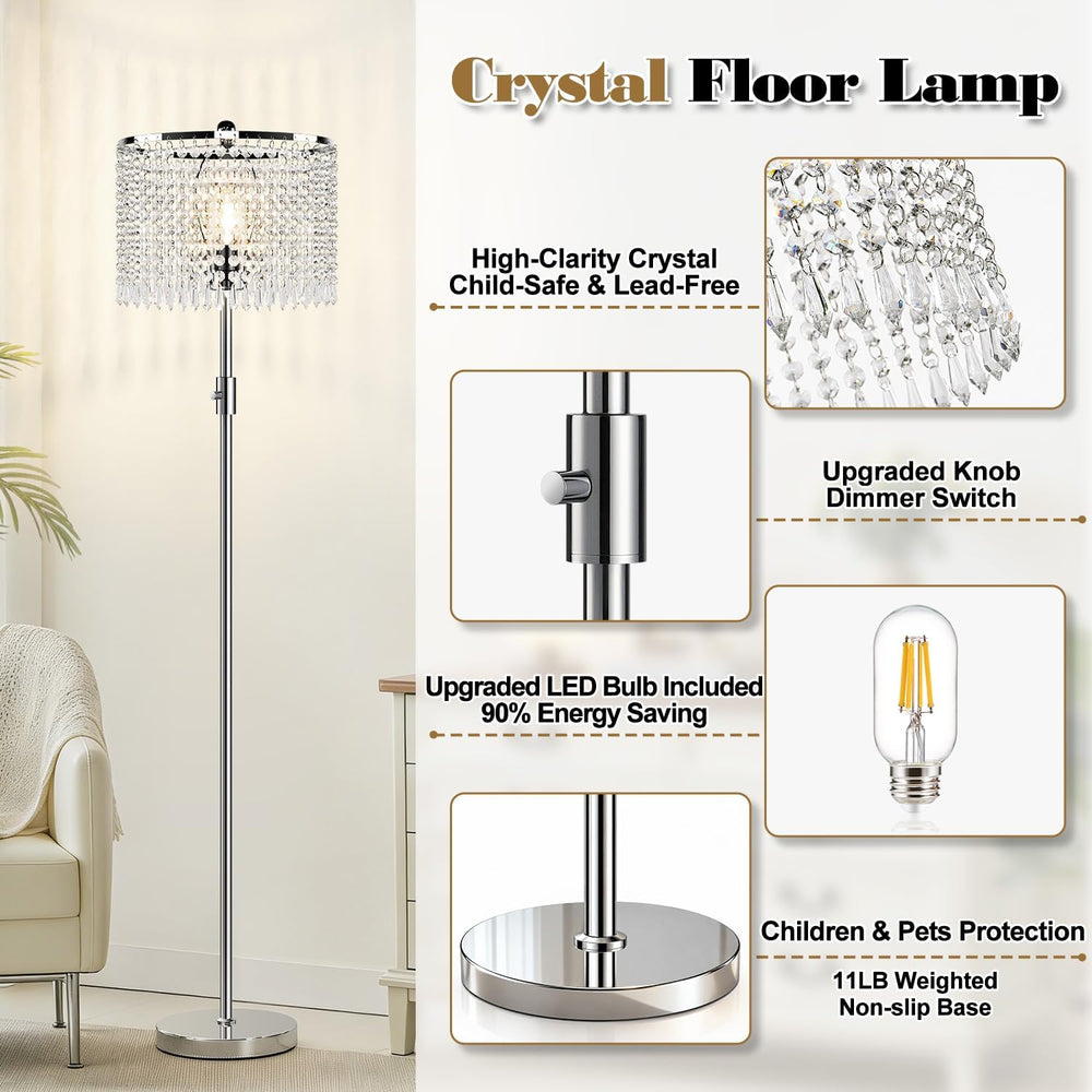 Dimmable Crystal Floor Lamp with Knob Switch,Chandelier-Style Crystal Shade