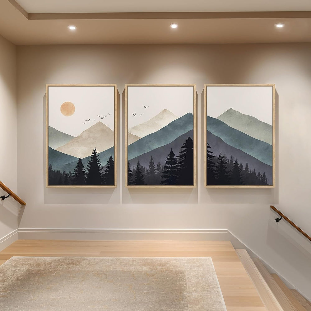 Large Framed Boho Mountain Landscape Wall Art for Living Room, 24x36 Inch