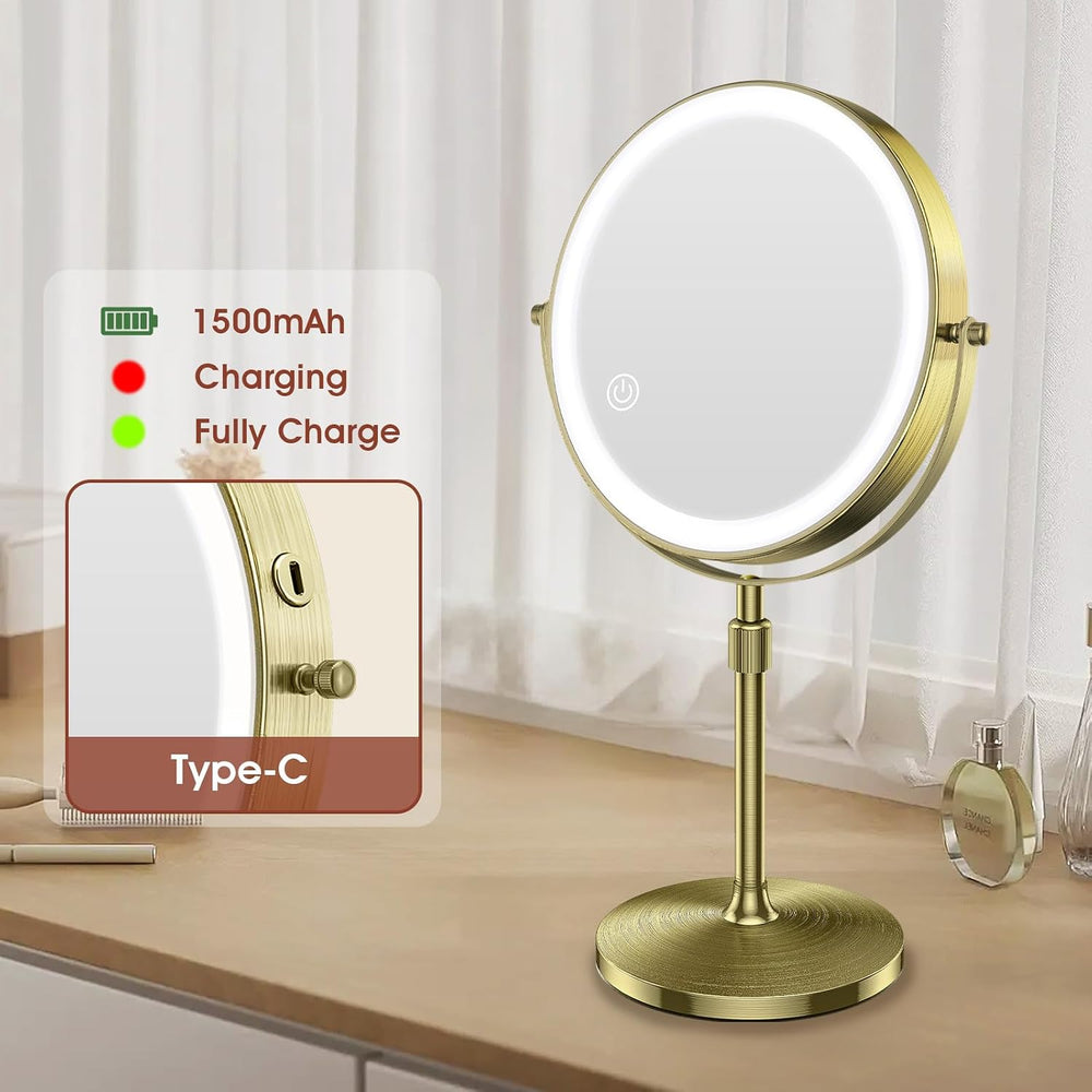 MILPROX Adjustable Height Makeup Mirror with 10X Magnifying & Light, Gold