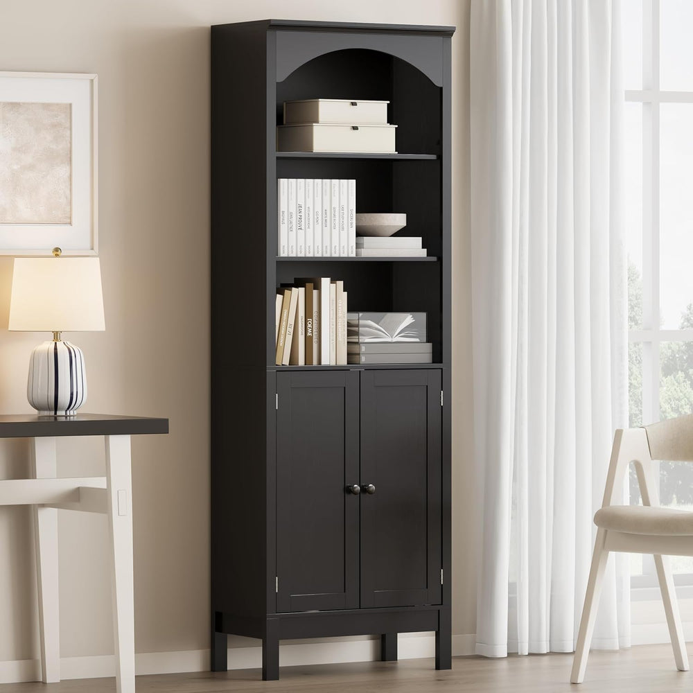 Arched Bookshelf,3 Tier Tall Bookcase with Adjustable Shelves and Cabinet