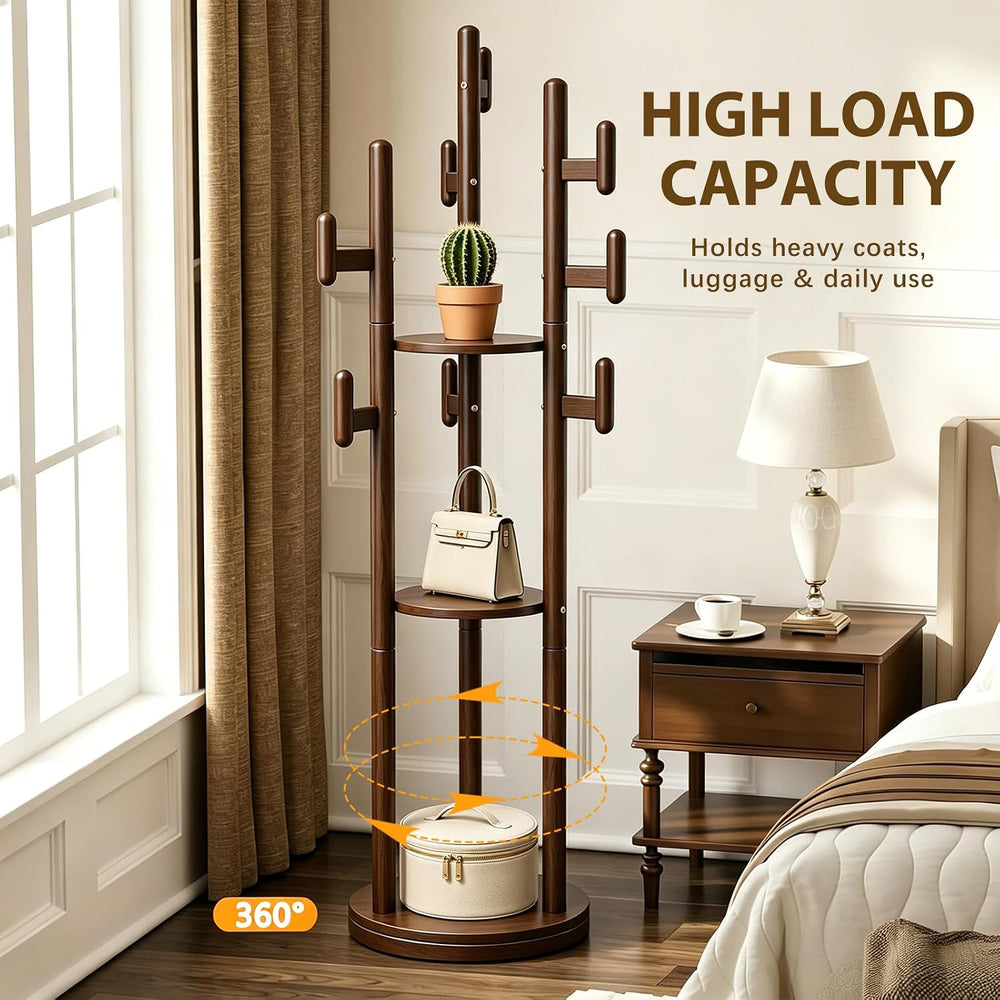 Rotary Coat Rack Freestanding - Solid Wood Coat Tree with 9 hooks & 3 Sto...