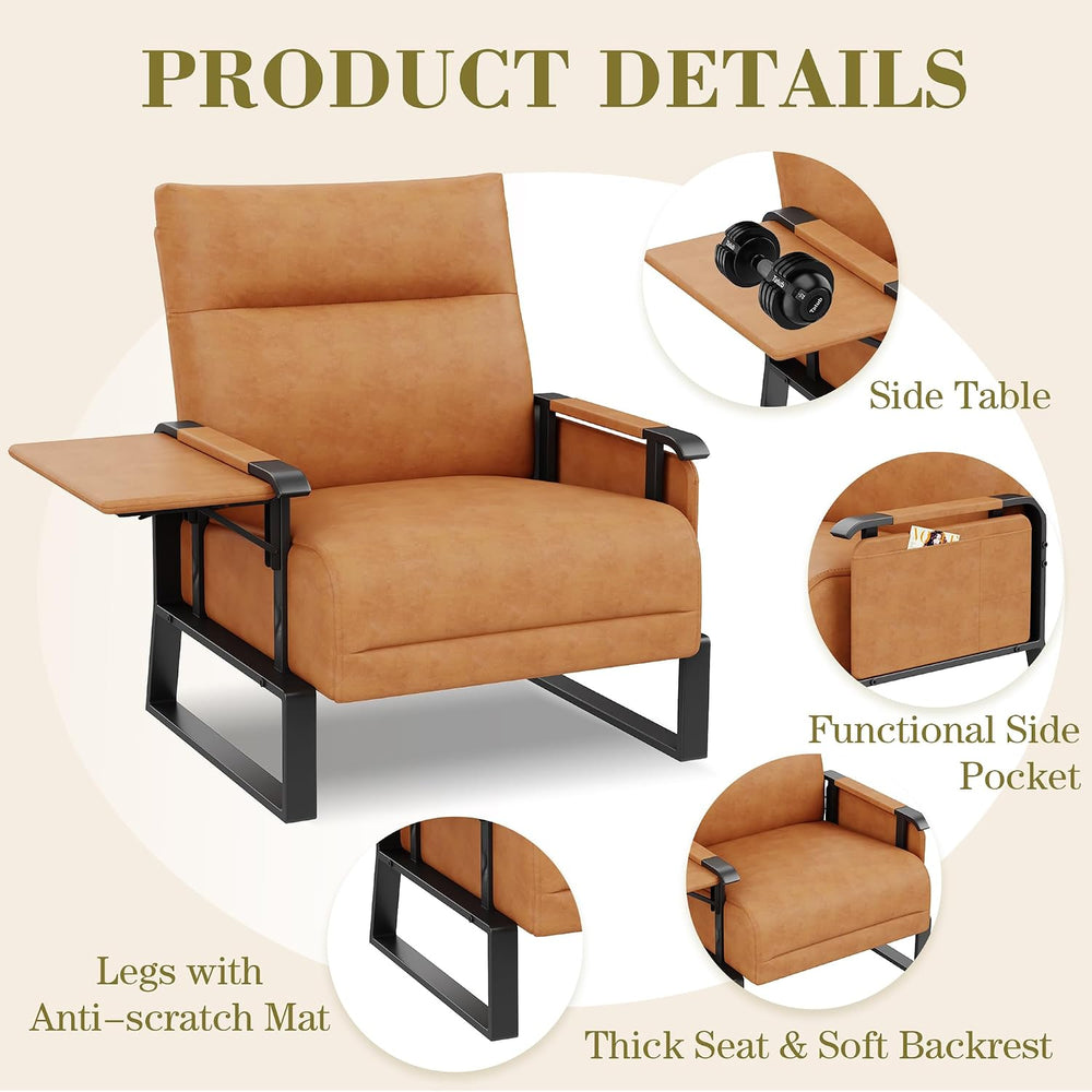 PU Leather Accent Chair Brown Armchair with Side Table