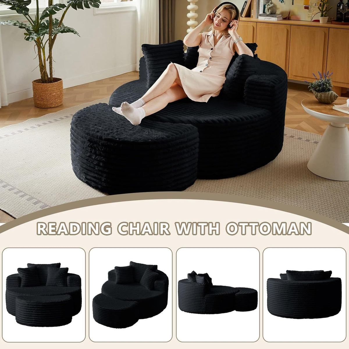 Oversized Round Chaise Lounge Chair Indoor with Ottoman Round Floor Chair | Modern Upholstered Corduroy Circle Couch with Pillows for Living Room, Apartroom, Bedroom, No Assembly Required, Black