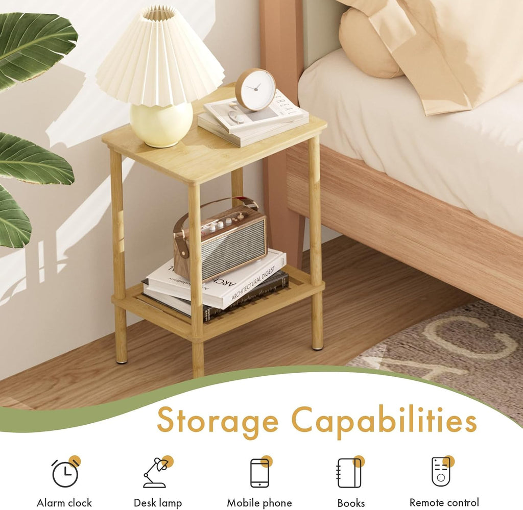 2 Tier Bamboo Narrow End Table, No Tool Assembly Bedroom Bedside Table, Small Space Nightstand, Bathroom Storage, Sofa Side Table, Entryway Table