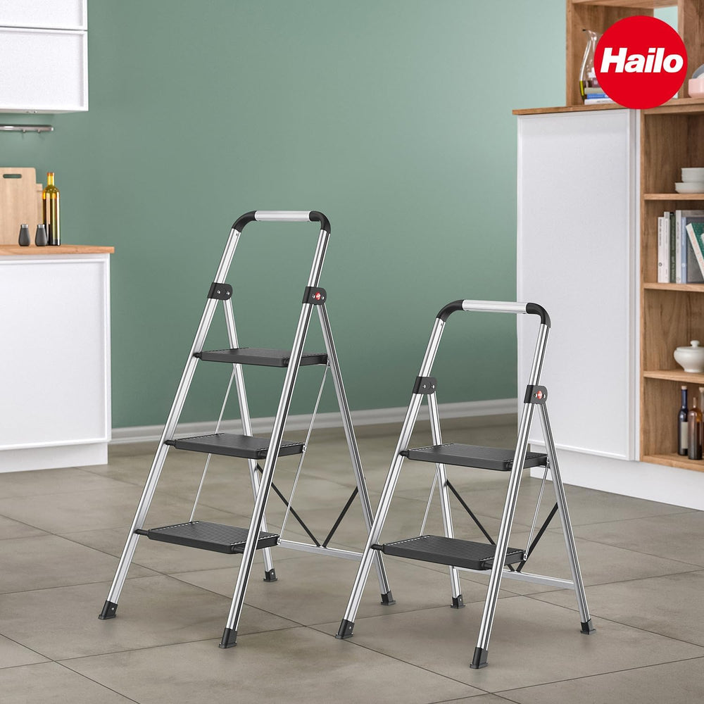K71 Step Stool Black/Silver– 3-Step Folding Ladder with Aluminum Frame