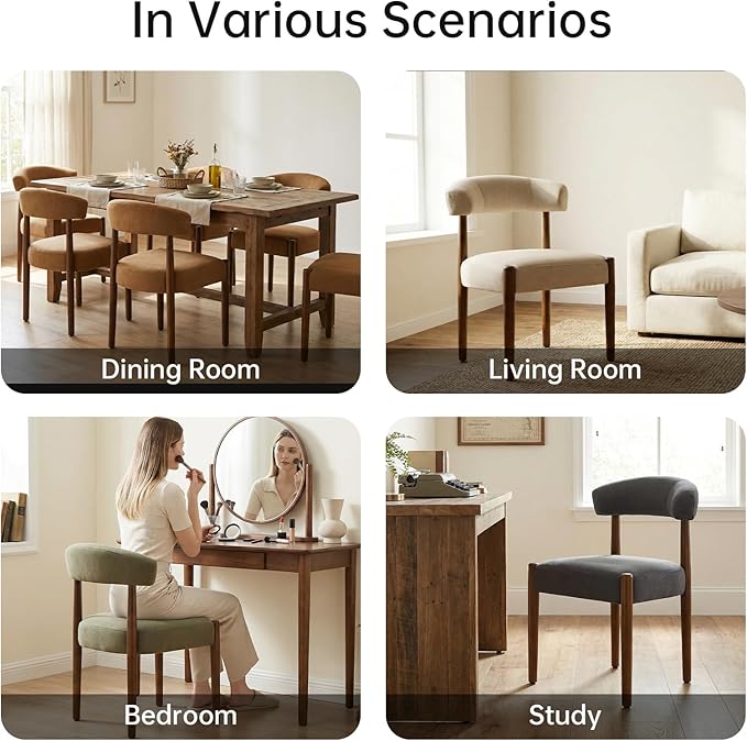VKNOW Wooden Dining Chairs Set of 4, Modern Upholstered Dining Room Chairs with Walnut Wood Legs and Curved Backrest, Fabric Kitchen Chairs for Farmhouse/Dining Room, Blue