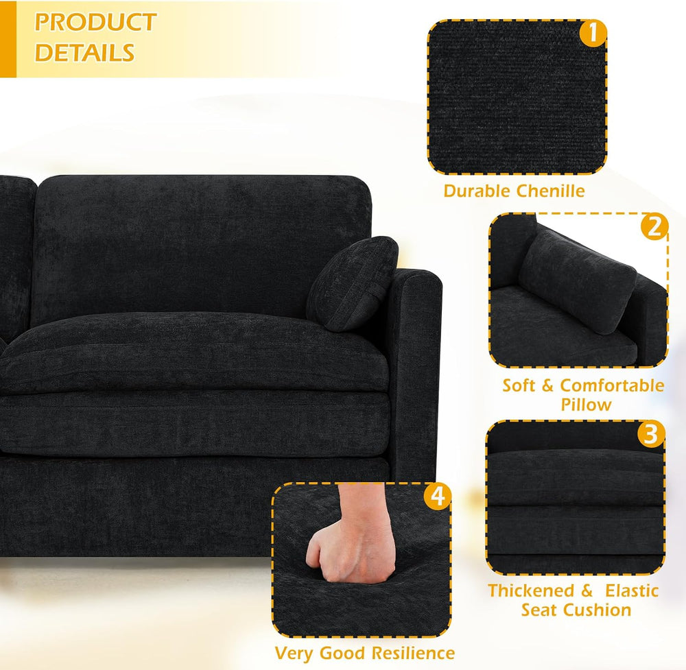 3 Pieces Chenille Sofa Set w/Two Arm Pillows, Black