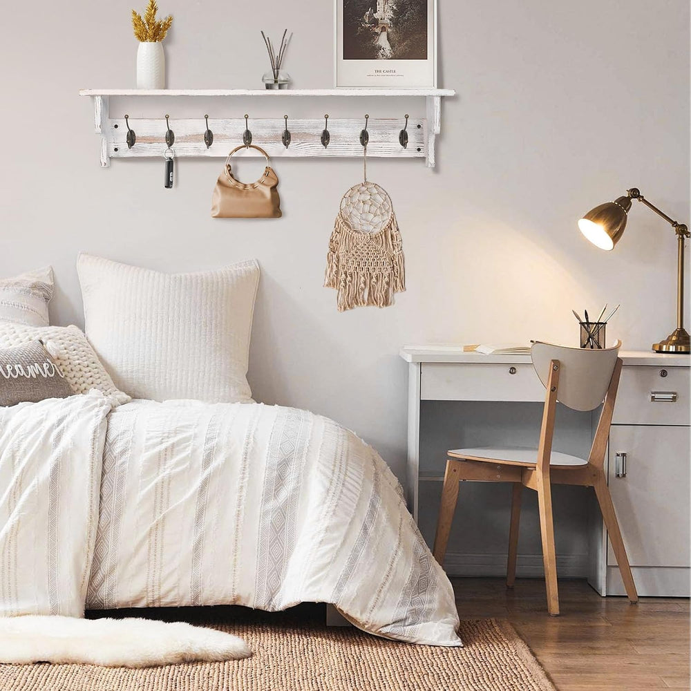 BECHAEO 35.8'' Large Wood Coat Rack Wall Mount with Shelf, White Wall...