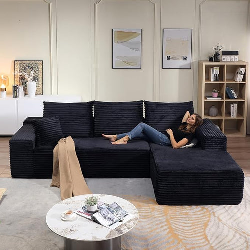 107" Modular Sectional Couches for Living Room, Comfy L Shaped Cloud Couch with Chaise Lounge, Modern Cozy Corduroy Deep Seat Floor Sofa, Memory Foam, No Assembly Required, Black