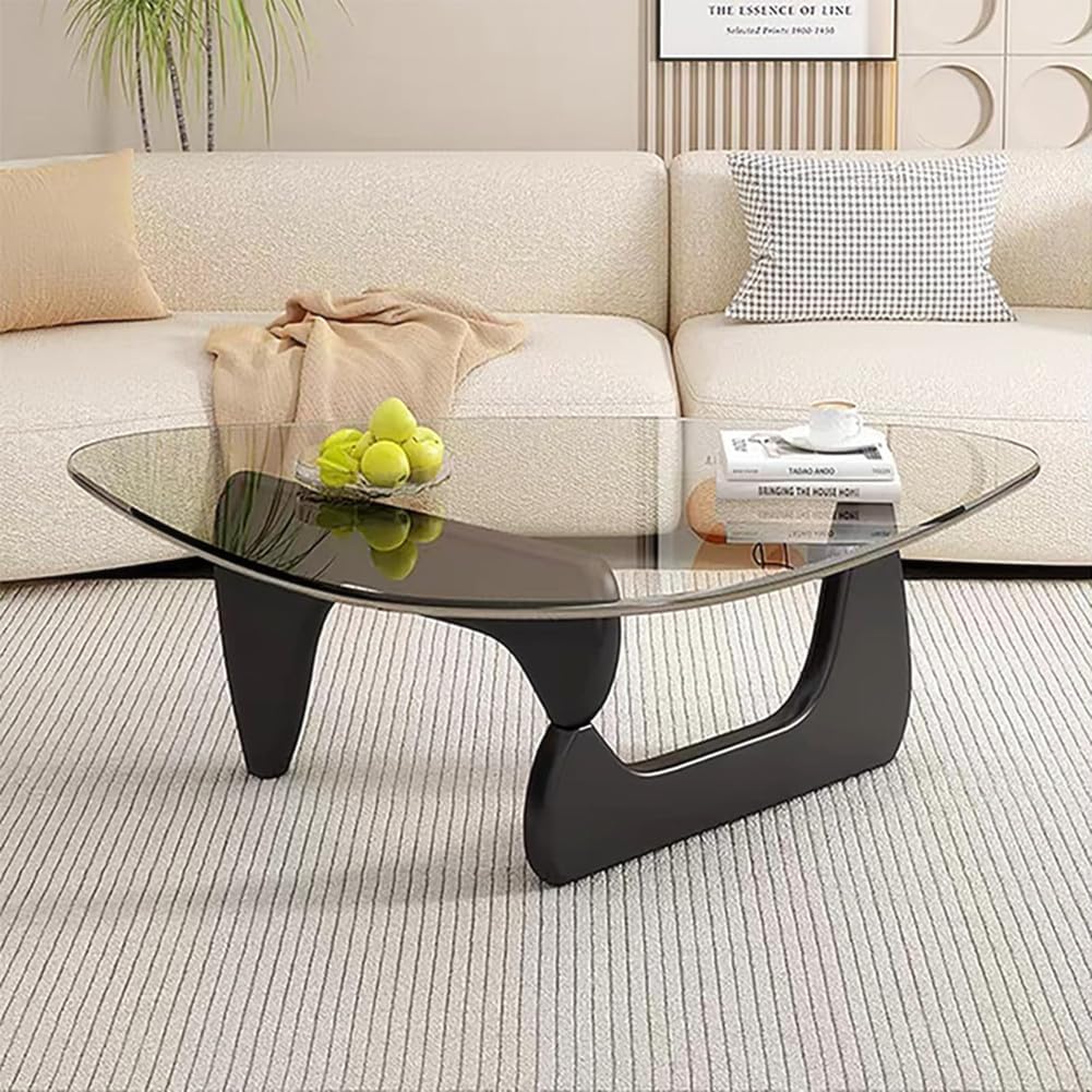 Mid-Century Modern Glass Coffee Table,Triangle Tempered Glass Top Wooden Base