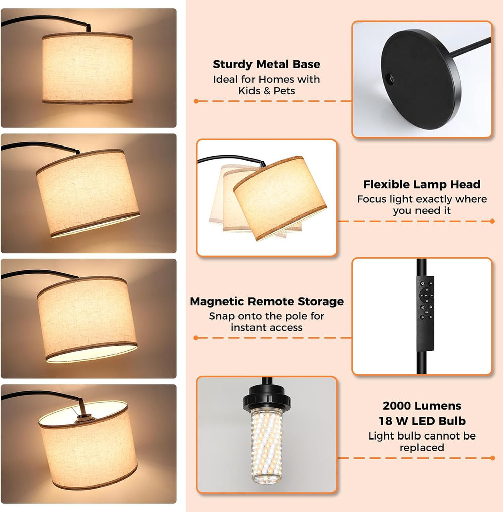 Unicozin Arc Floor Lamp, 2000LM 18W Bright LED Dimmable Tall Standing Lamp