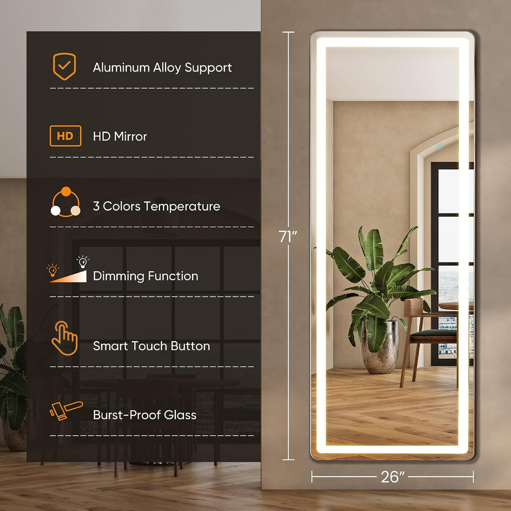 LED Rectangular Full Length Mirror, 71"L x 26"W Body Standing Mirror