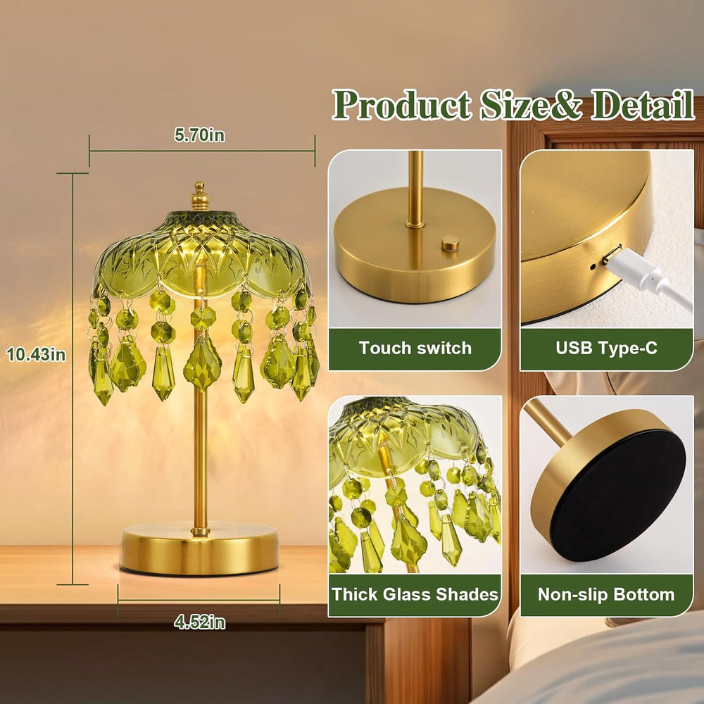 Cordless Crystal Table Lamp, 6000mAh, Touch Dimmable, 3-Color