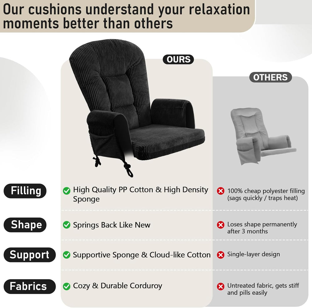 5PCS Glider Rocker Replacement Cushions with Storage Side Pockets, Black