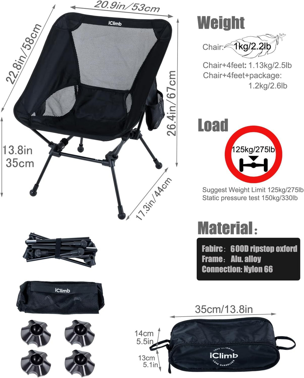 iClimb Ultralight Compact Folding Anti-Sinking Chair, Black