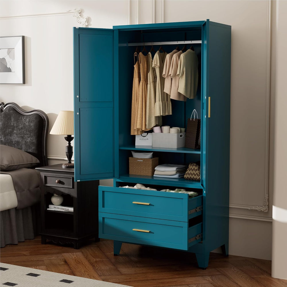 Metal Wardrobe Closet with Doors, 71" Tall Armoire Wardrobe with 2 Drawe...