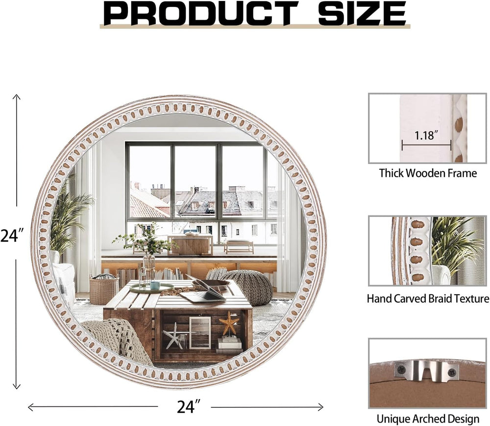 24 Inch Round Wood Mirror, Rustic Farmhouse Circle Mirrors for Wall Decor