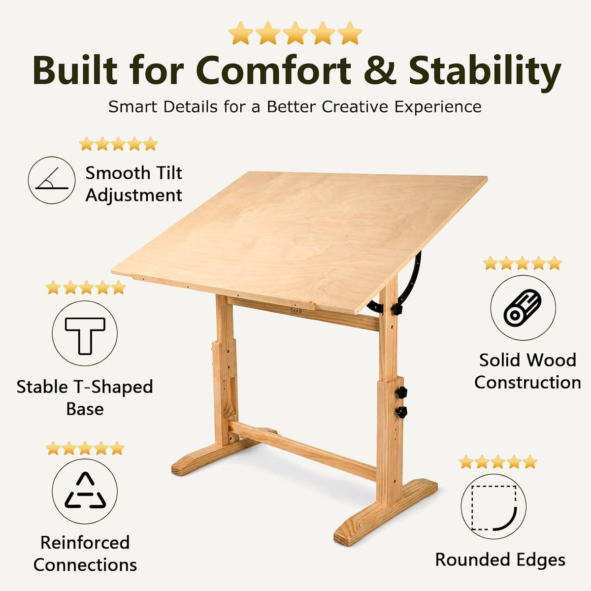 DJAR 42x30 Adjustable Wooden Drafting Table & Art Drawing Desk, Natural