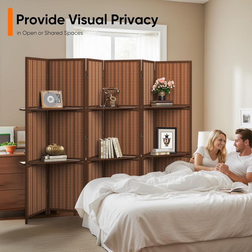 JOSTYLE Bamboo Room Divider with Shelves, 6-Panel Privacy Screen,67"H 96...