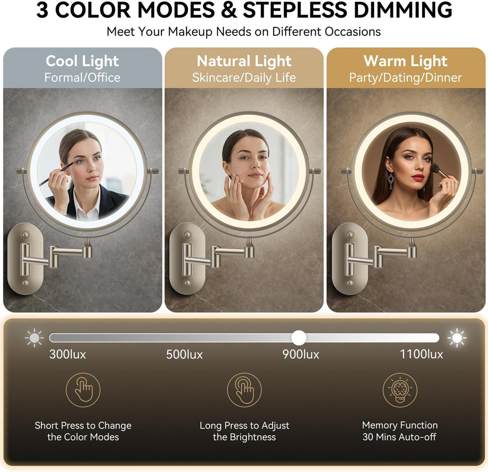 Auxmir 1X/30X Wall Mounted Makeup Mirror, 8" Rechargeable Magnifying Mirror