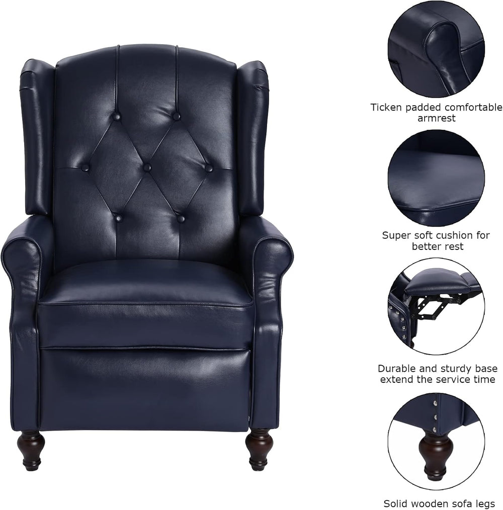 Wingback Chair, Push Back Recliner Armchair, Navy Blue, Pair