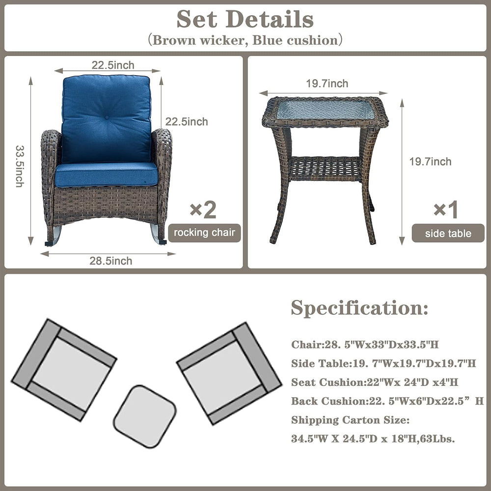Belord Wicker Porch Rocking Chairs - 3 Pieces Patio Bistro Set High Back Outd...