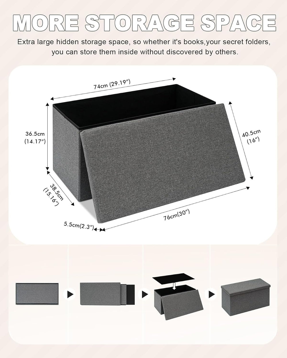 B FSOBEIIALEO Storage Ottoman Bench with Tray, 30" Folding Linen Chest,Grey