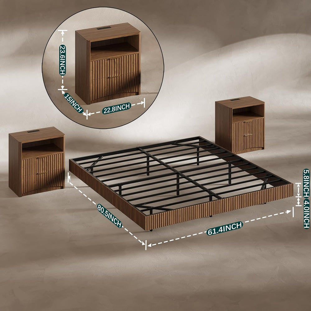 Evermagin Queen Bedroom Set, Floating Bed Frame & Charging Nightstands