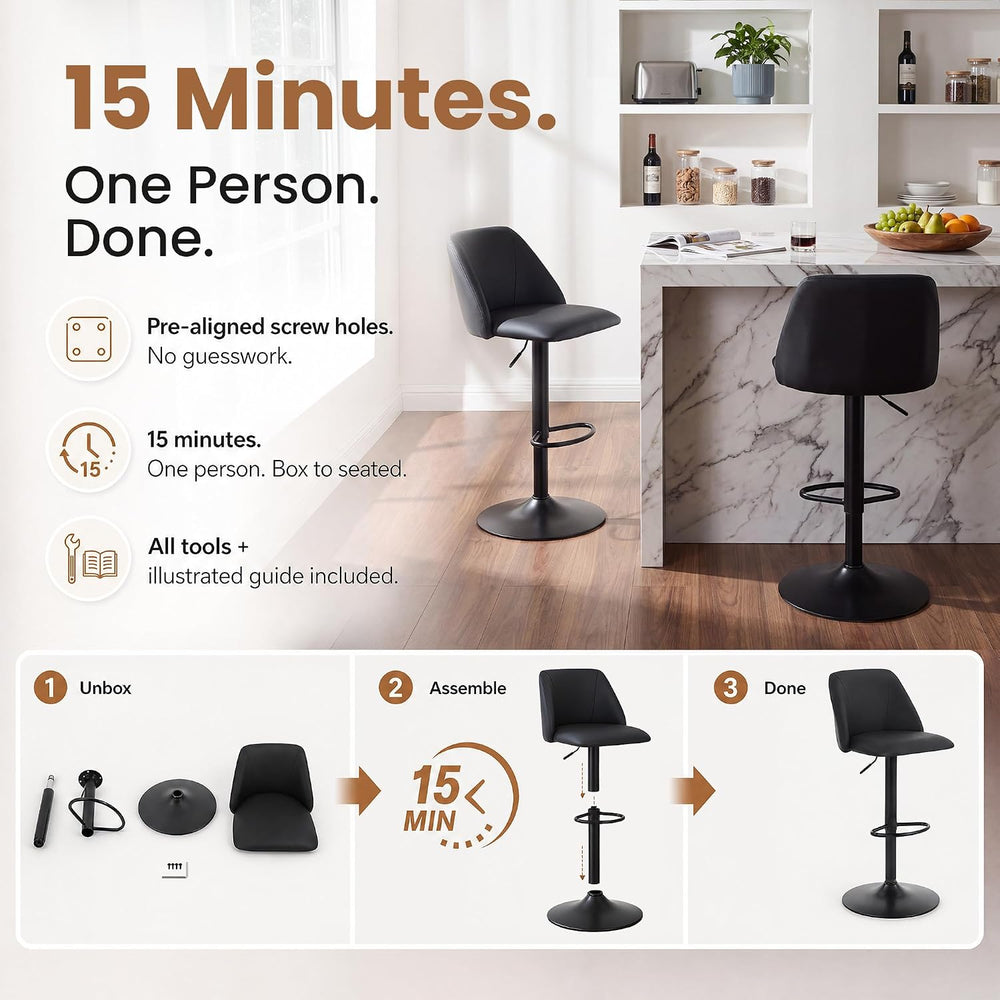 COLAMY Adjustable Upholstered Bar Stools Set of 6,360° Swivel Counter Height ...